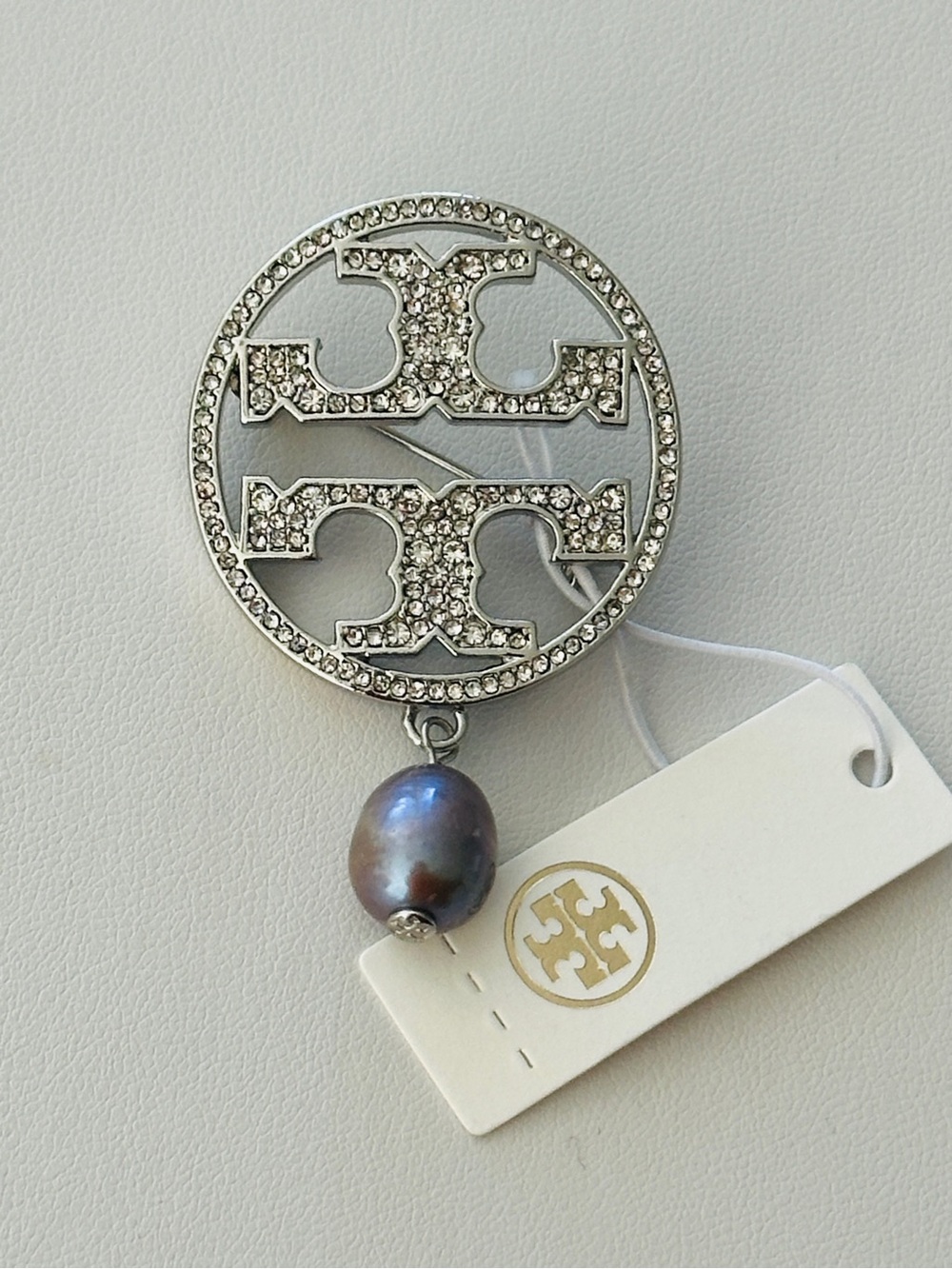 Tory Burch Silver Crystal Logo Brooch with Iridescent Pearl Drop